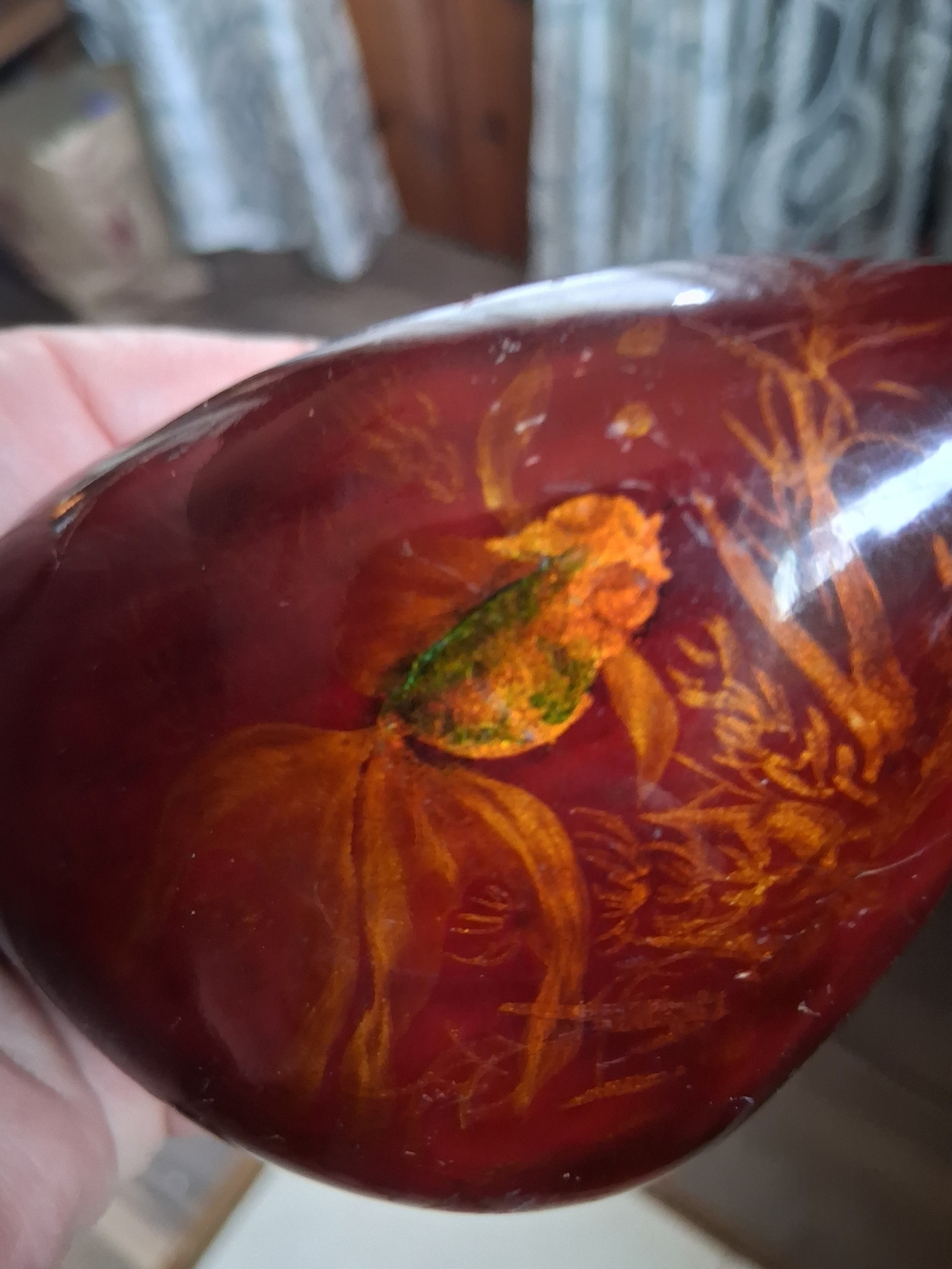 Vintage Dotasco Lacquered Stone Paperweight Hand Painted Koi Fish Goldfish